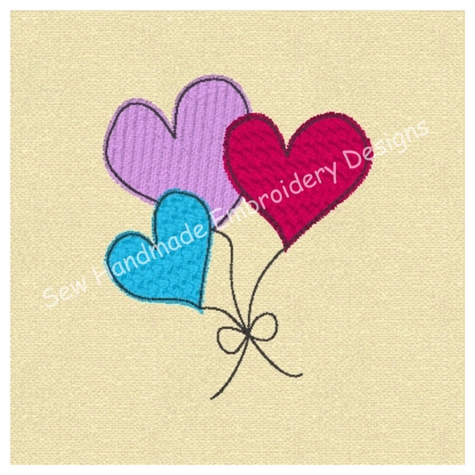 TRIPLE LOVE HEARTS ON STRING Machine Embroidery Design   2.5 x 3