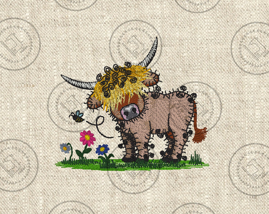 Raggy Highland Bull Cow  Digital  Machine embroidery design 5 x 6