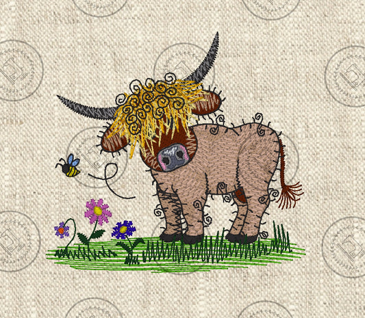 Raggy Highland Bull Cow  Digital  Machine embroidery design 4 x 4