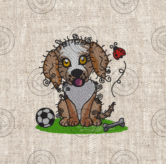 RAGGY PUPPY DOG IN THE GARDEN Embroidery Design - R007  5 x 6