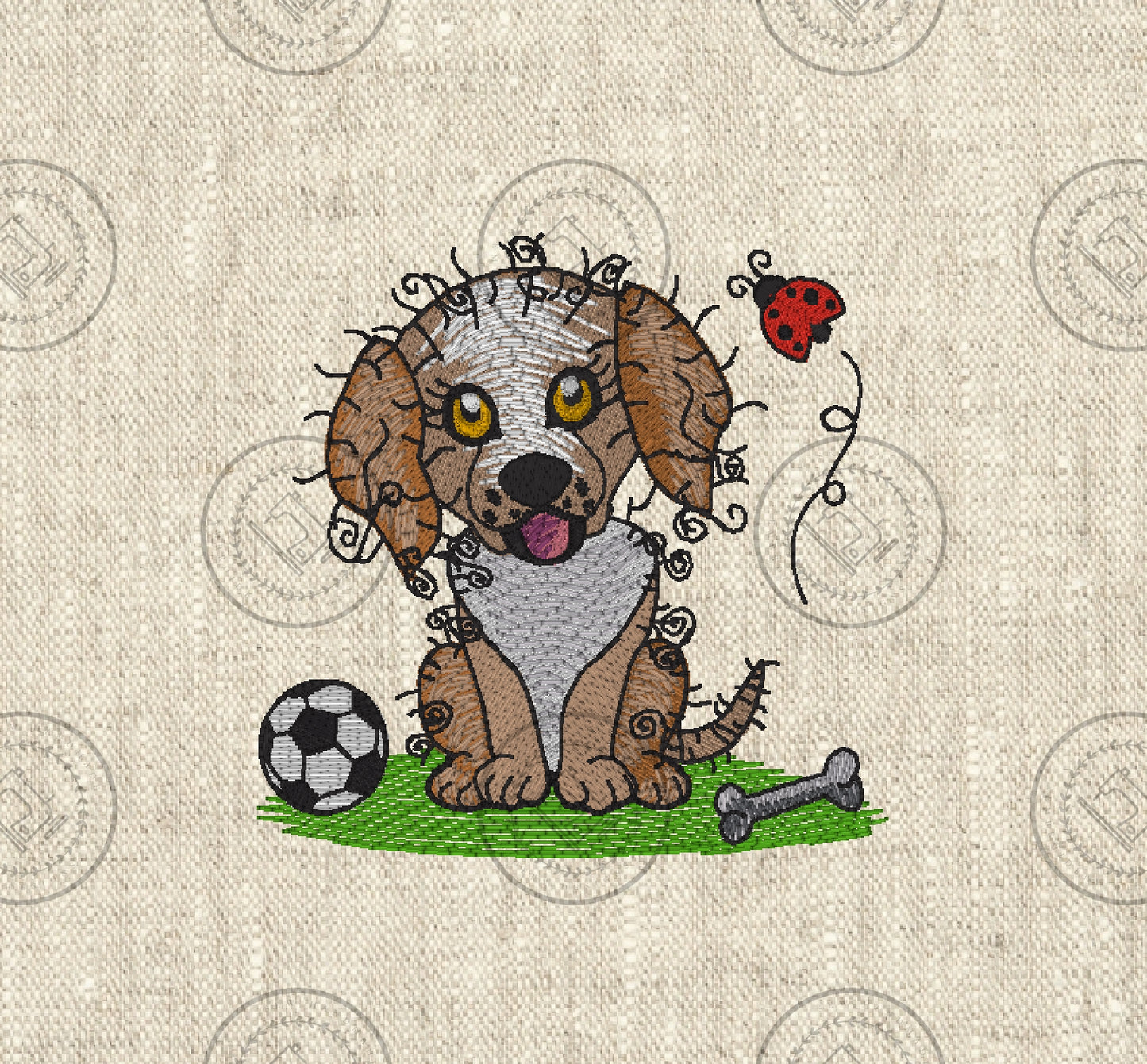 RAGGY PUPPY DOG IN THE GARDEN Embroidery Design - RS007  4 x 4